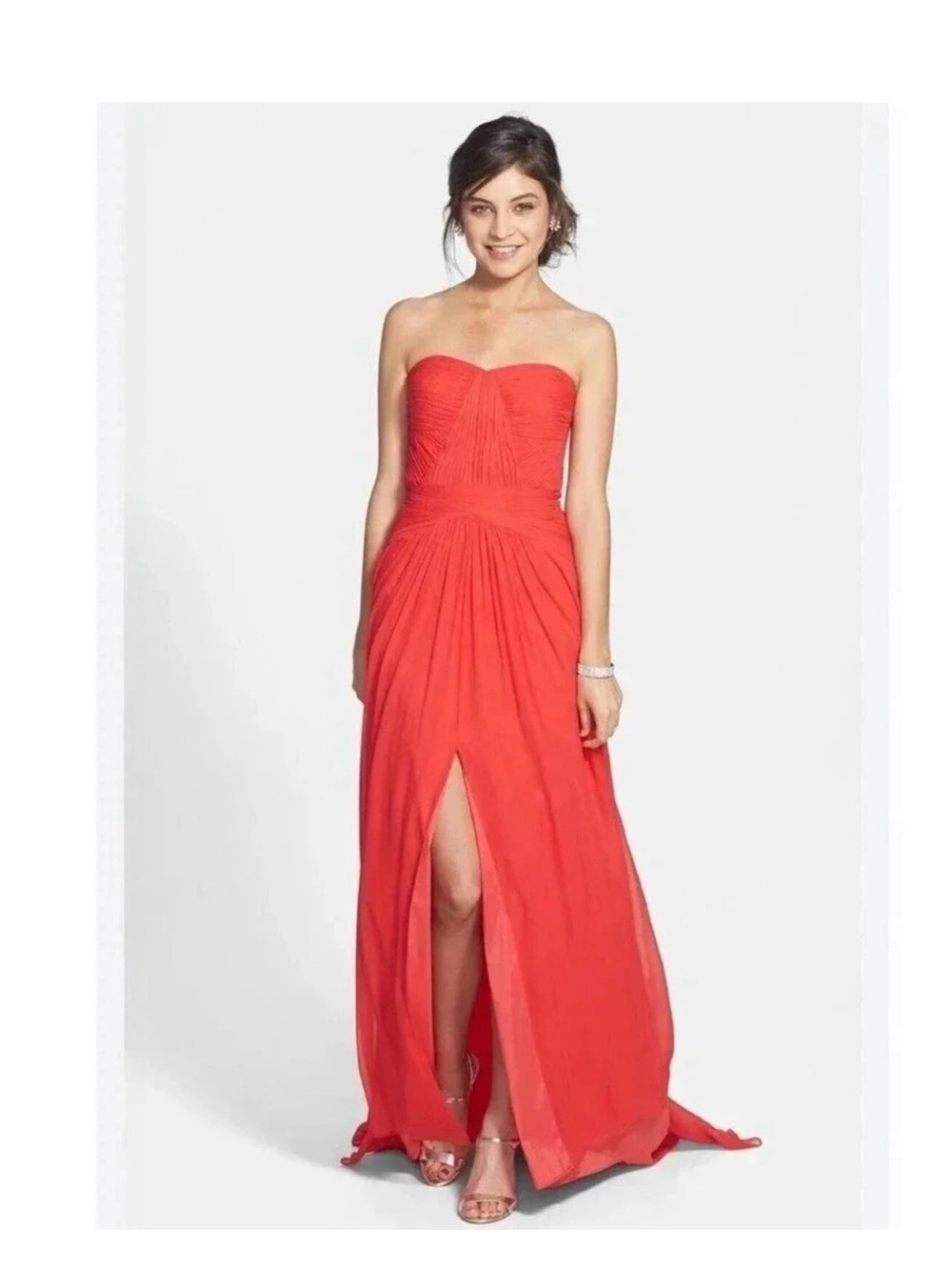Aidan Mattox Red Chiffon Strapless Ruched Maxi Gown Dress Size 4